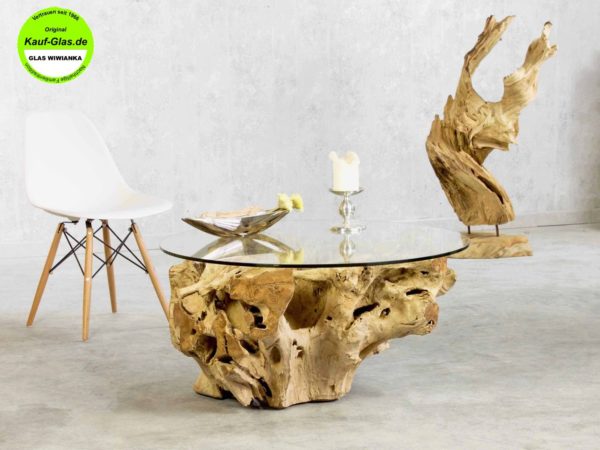 Glastisch Rund mit Holzwurzel